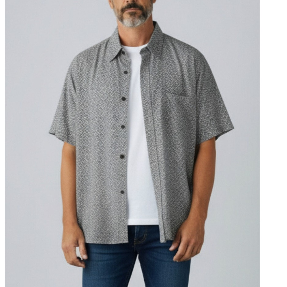 Crossings Large Rayon Mens Short Sleeve Button Front Shirt Gray Print